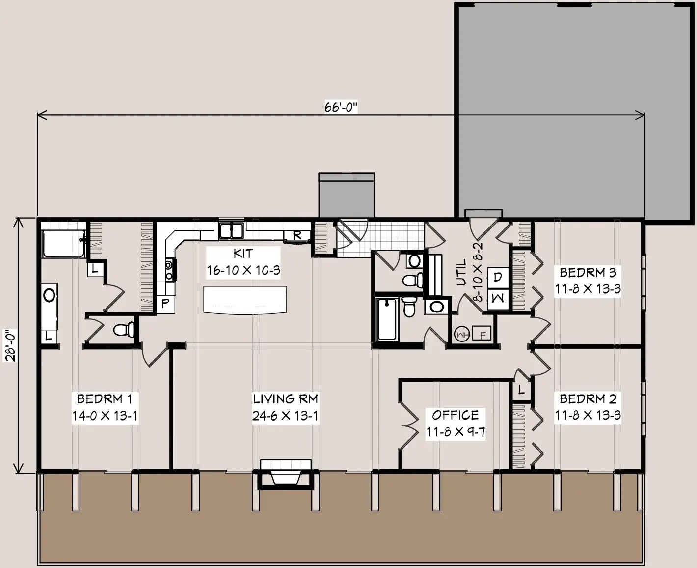 Aspen B floor plan, 66 feet by 28 feet 6 inches